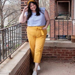 Blue and White Sleeveless Top With Ruffle Trim